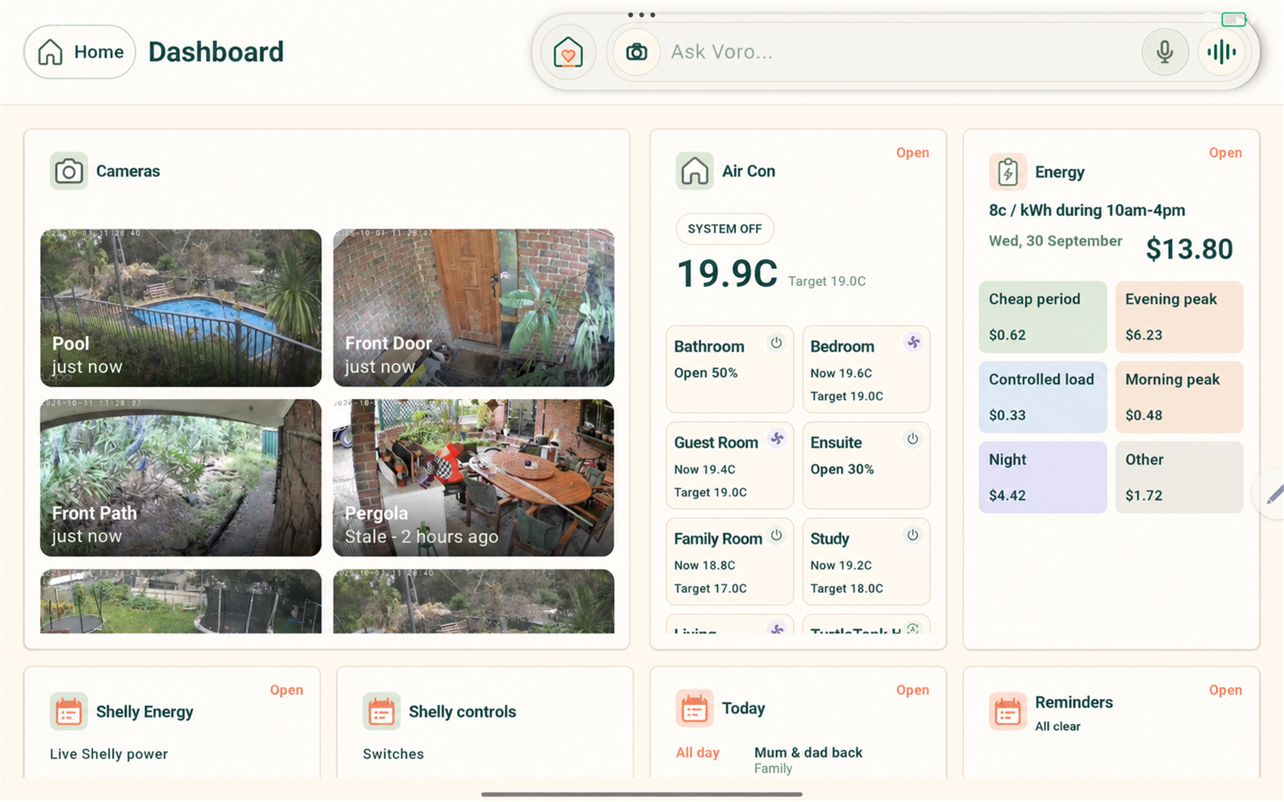 Voro Home dashboard showing cameras, air conditioning, energy information and household reminders.