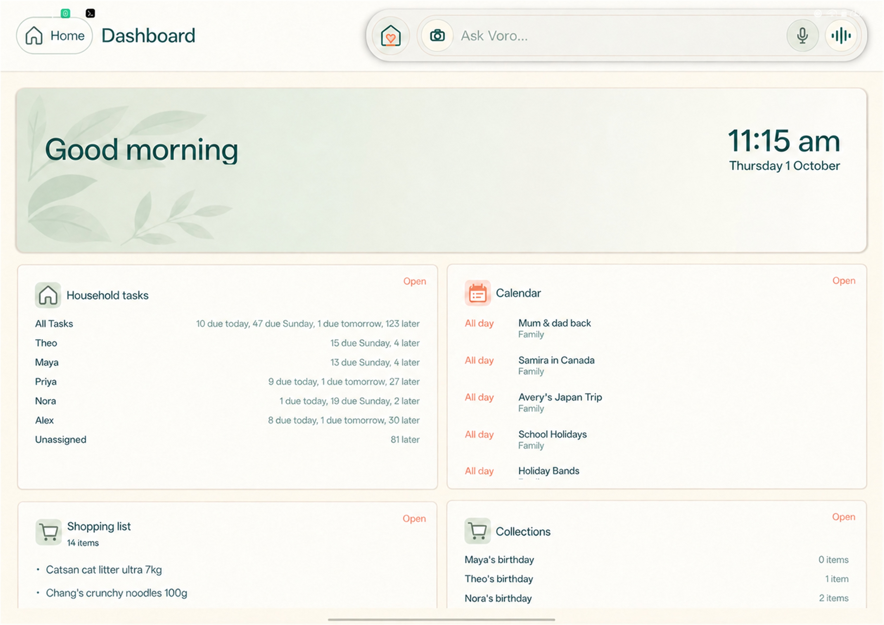 Voro Home dashboard with household tasks, calendar, shopping list, and collections