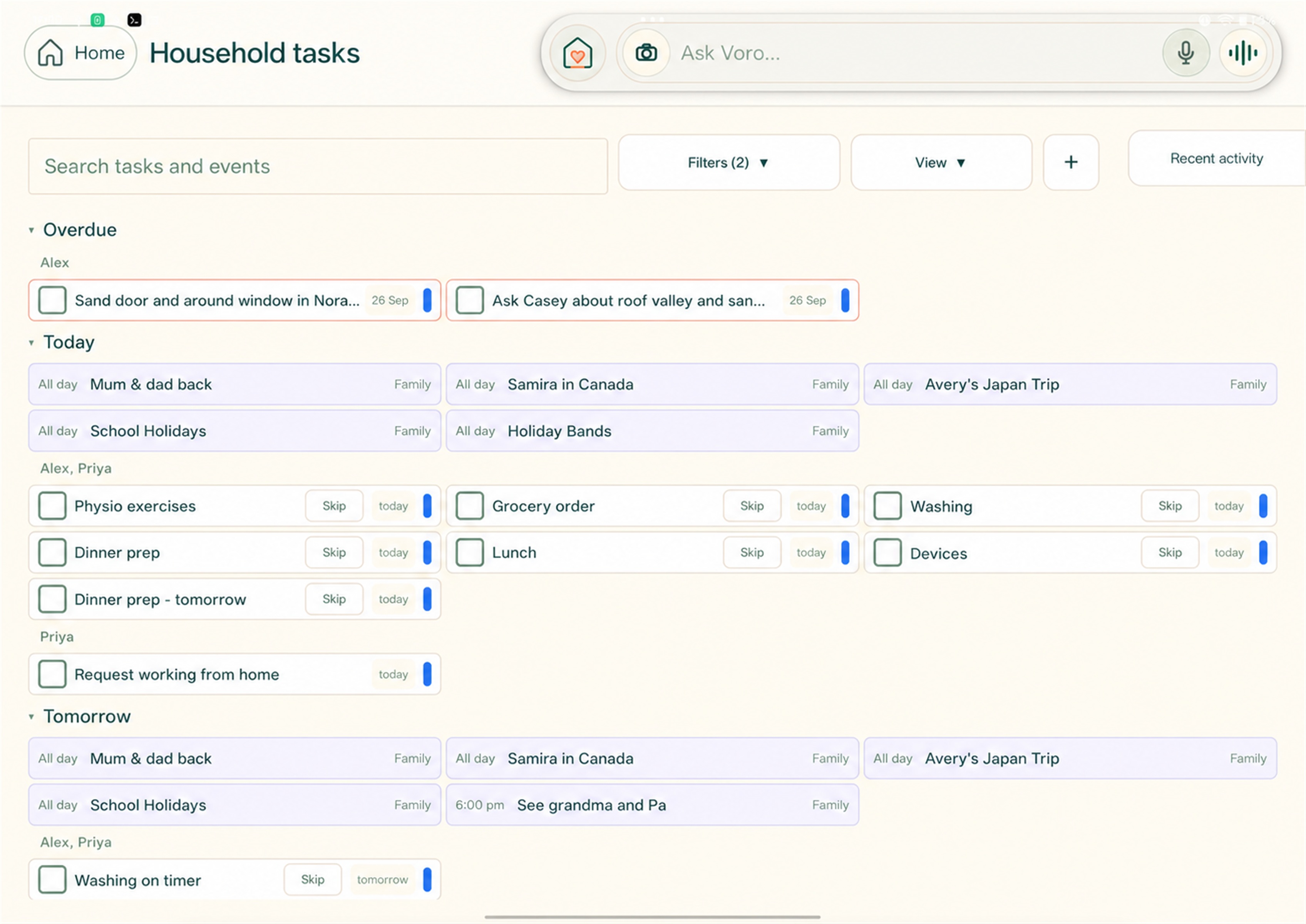 Voro Home household tasks view showing shared events, recurring responsibilities and tasks assigned to household members.