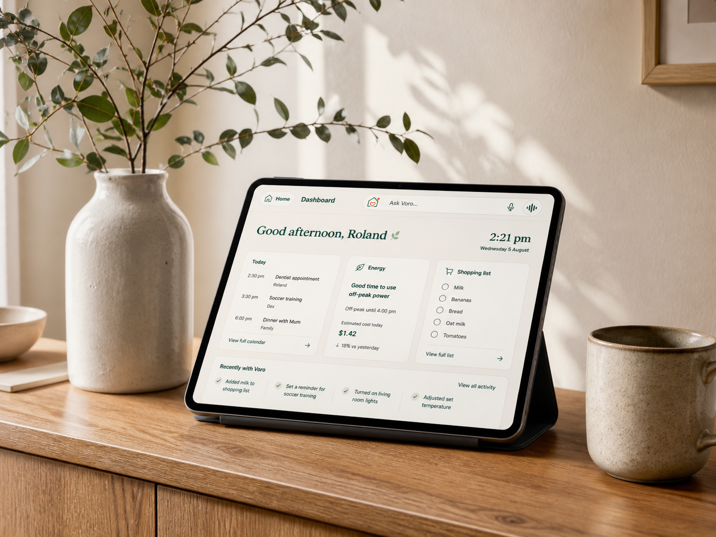 Voro Home tablet on a warm family home sideboard